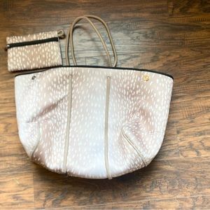 Neoprene, fawn print tote with zip wallet and clip attachment.